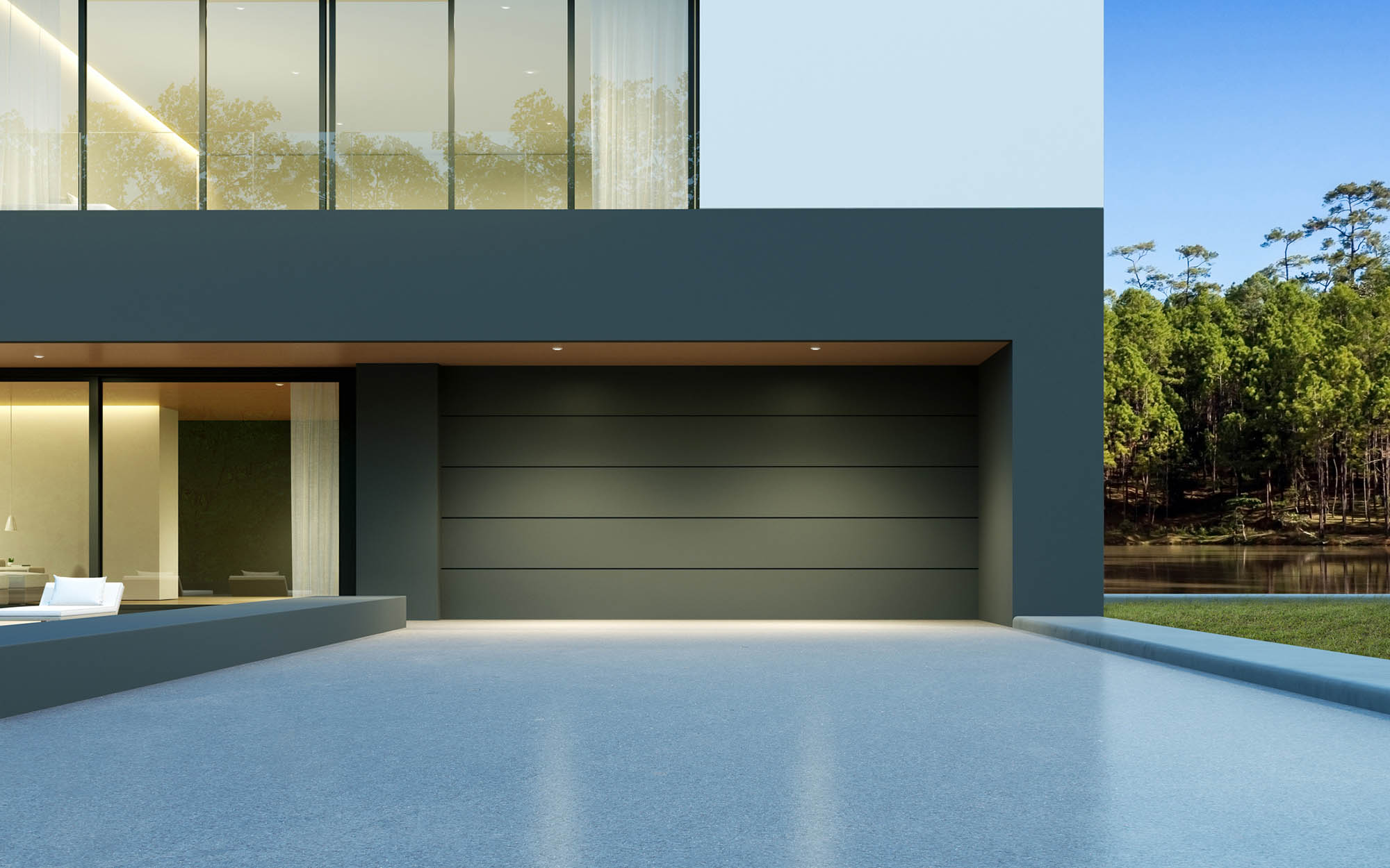 Perspective of luxury modern house, g, garage entrance on forest lake background, Idea of architecture design. 3D rendering Repair man fixing a garage door.